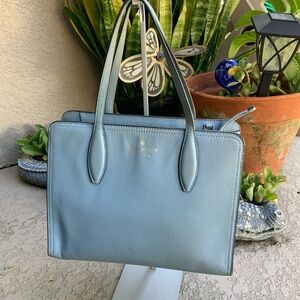 Kate Spade Rowe Dusty Blue Medium Top Zip Pebble Leather Satchel Purse Bag